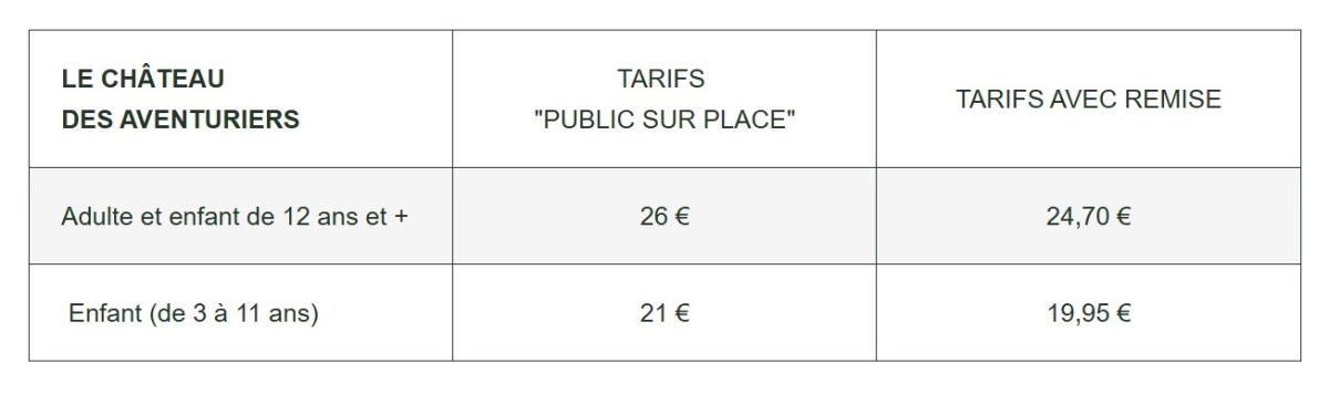 Tarifs préférentiels Chateau des Aventuriers pour le web